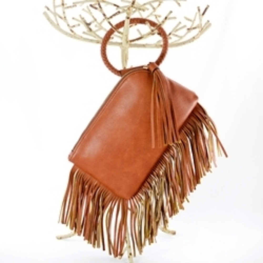 NWT Calin Collection Brown Fringe Vegan Leather Circle Handle Wristlet Bag!